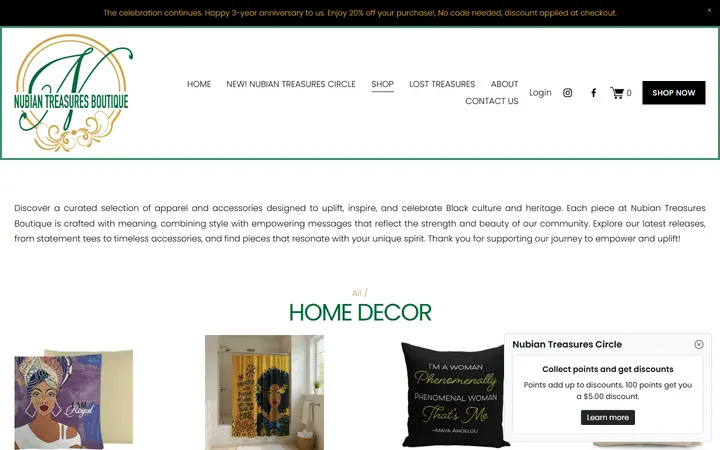 Website page titled HOME DECOR — SHOP | Explore Unique Finds — Nubian Treasures Boutique