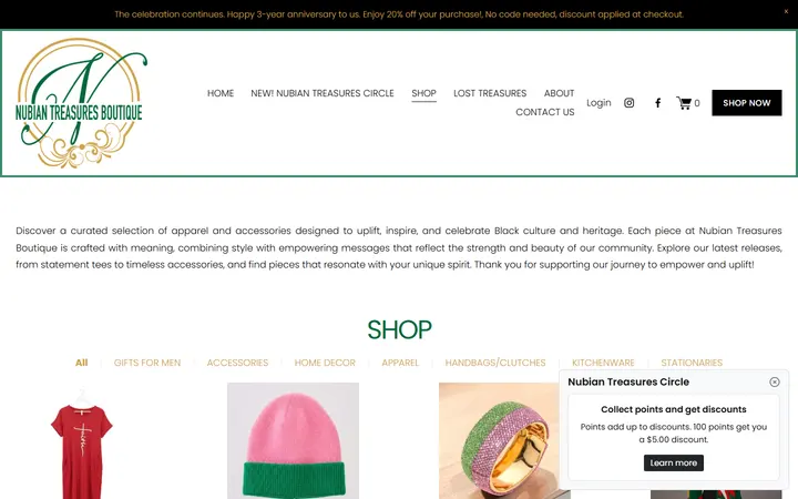 Website page titled SHOP | Explore Unique Finds — Nubian Treasures Boutique