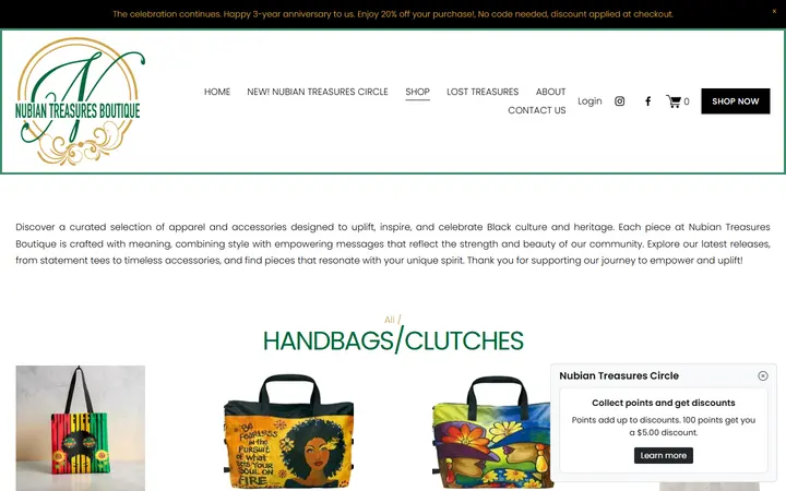 Website page titled HANDBAGS/CLUTCHES — SHOP | Explore Unique Finds — Nubian Treasures Boutique