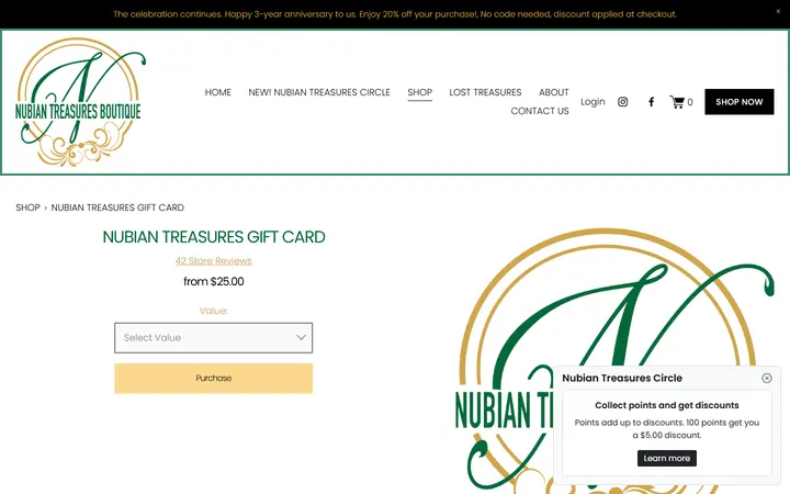 Website page titled NUBIAN TREASURES GIFT CARD — Nubian Treasures Boutique