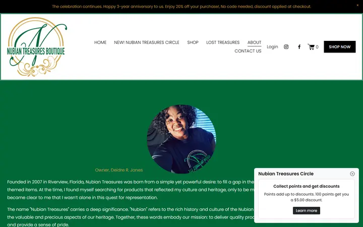 Website page titled ABOUT | Explore Cultural Heritage — Nubian Treasures Boutique
