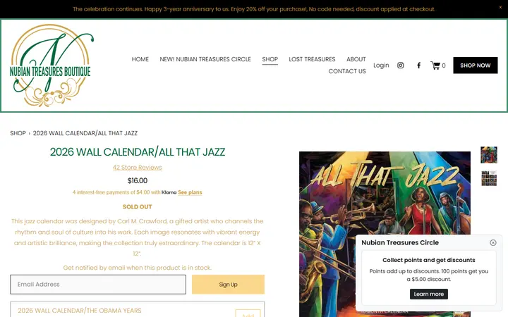 Website page titled 2026 WALL CALENDAR/ALL THAT JAZZ — Nubian Treasures Boutique