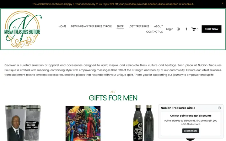 Website page titled GIFTS FOR MEN — SHOP | Explore Unique Finds — Nubian Treasures Boutique