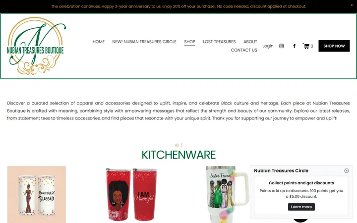Website page titled KITCHENWARE — SHOP | Explore Unique Finds — Nubian Treasures Boutique