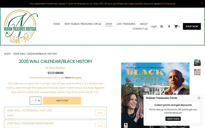 Website page titled 2026 WALL CALENDAR/BLACK HISTORY — Nubian Treasures Boutique