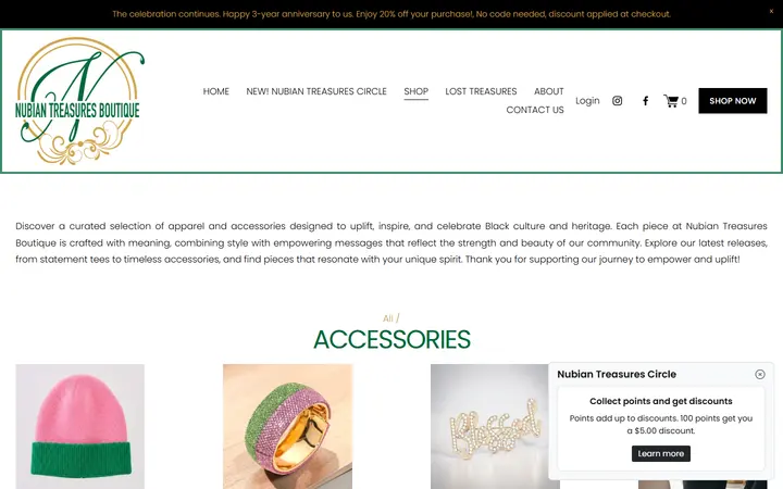 Website page titled ACCESSORIES — SHOP | Explore Unique Finds — Nubian Treasures Boutique