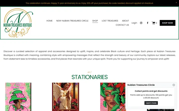 Website page titled STATIONARIES — SHOP | Explore Unique Finds — Nubian Treasures Boutique