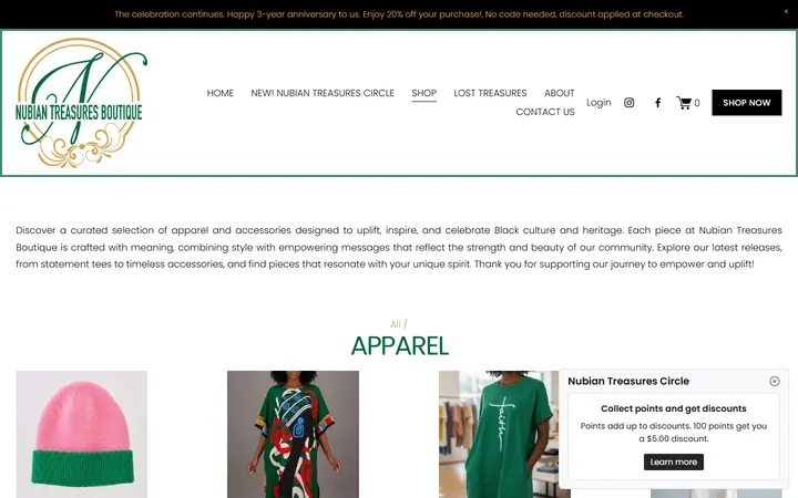 Website page titled APPAREL — SHOP | Explore Unique Finds — Nubian Treasures Boutique