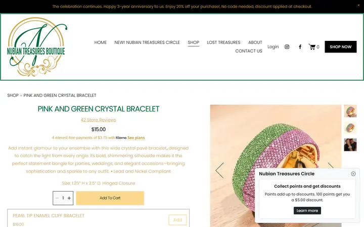 Website page titled PINK AND GREEN CRYSTAL BRACELET — Nubian Treasures Boutique