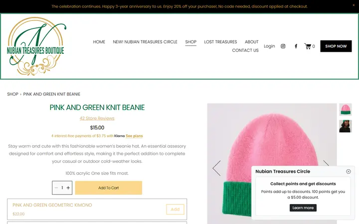 Website page titled PINK AND GREEN KNIT BEANIE — Nubian Treasures Boutique