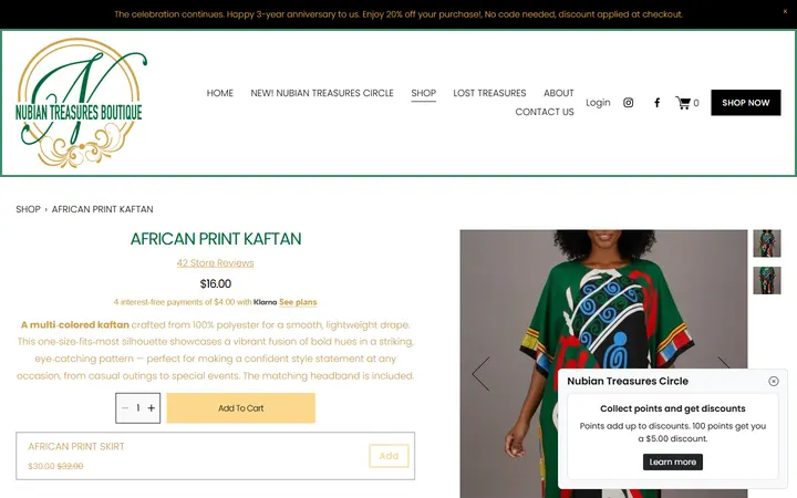 Website page titled AFRICAN PRINT KAFTAN — Nubian Treasures Boutique