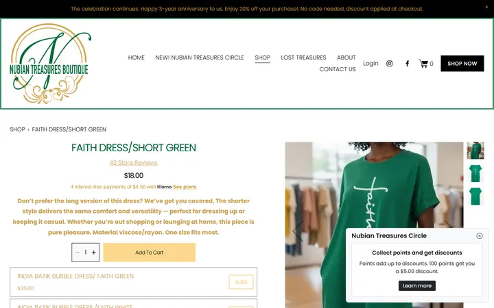 Website page titled FAITH DRESS/SHORT GREEN — Nubian Treasures Boutique