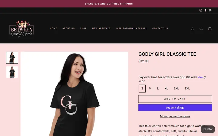 Website page titled Godly Girl Classic Tee – Between Us Godly Girls