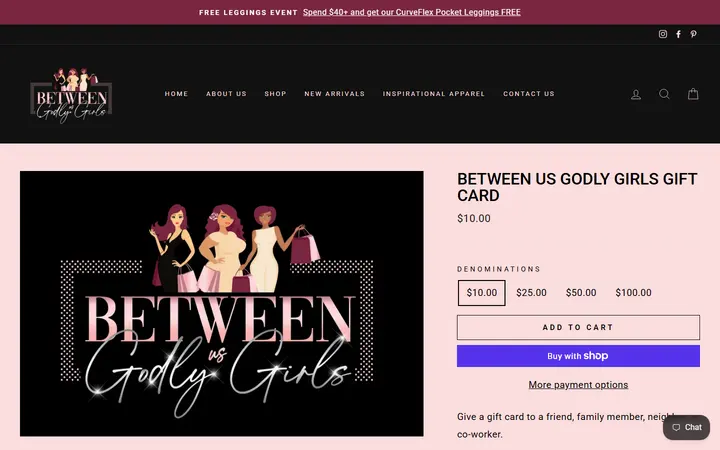 Website page titled Between Us Godly Girls Gift Card