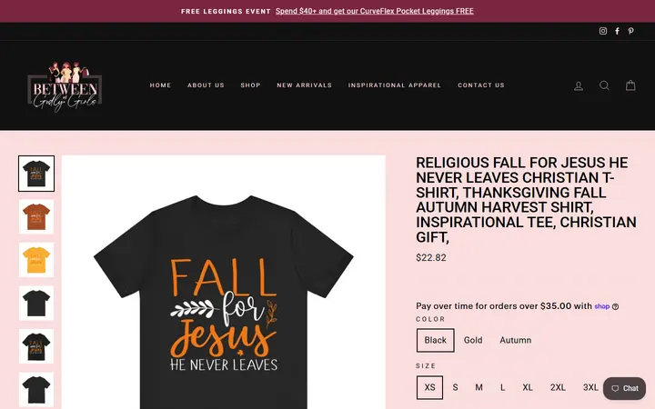 Website page titled Religious Fall for Jesus He Never Leaves Christian T-Shirt, Thanksgivi – Between Us Godly Girls