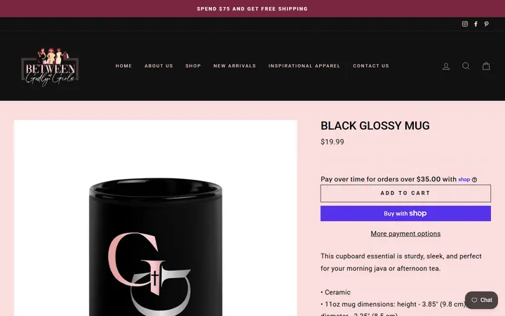 Website page titled Black Glossy Mug – Between Us Godly Girls