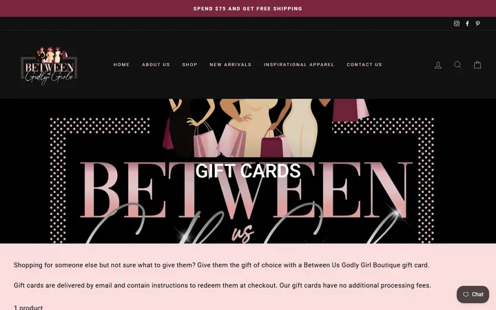 Website page titled Gift Cards – Between Us Godly Girls