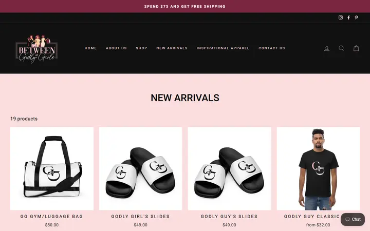 Website page titled New Arrivals – Between Us Godly Girls