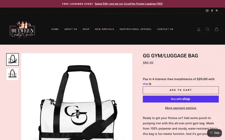 Website page titled GG Gym/Luggage Bag – Between Us Godly Girls