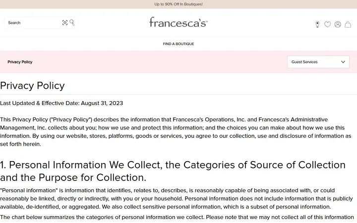 Website page titled Privacy Policy