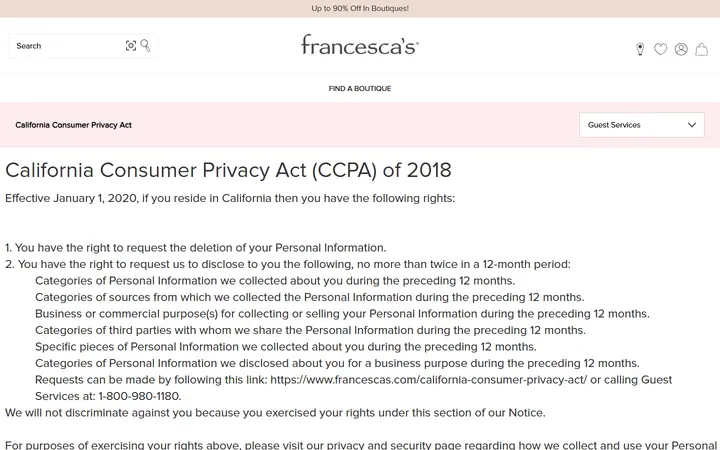 Website page titled California Consumer Privacy Act