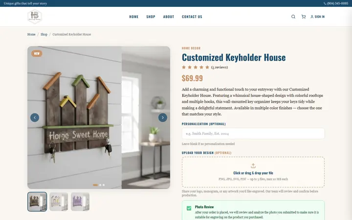 Website page titled Personalized Key Holder House | Custom Wooden Key Rack