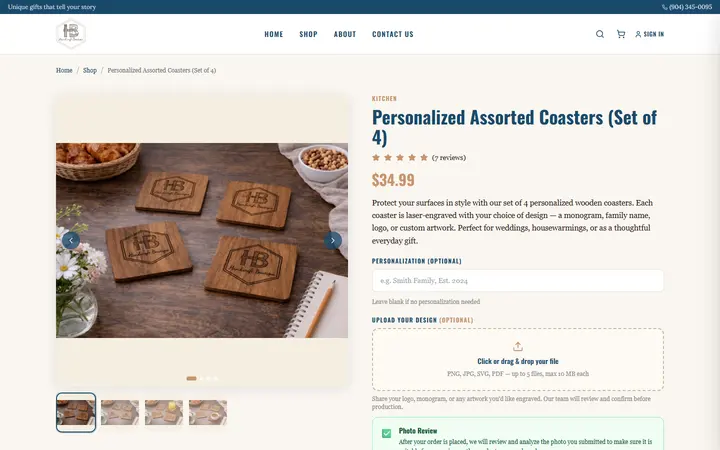 Website page titled Personalized Assorted Coasters, Set of 4 | Custom Gift