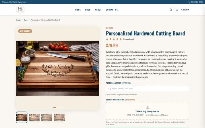 Website page titled Personalized Wooden Cutting Board | Custom Engraved Gift