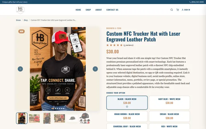 Website page titled Custom NFC Trucker Hat with Laser Engraved Leather Patch