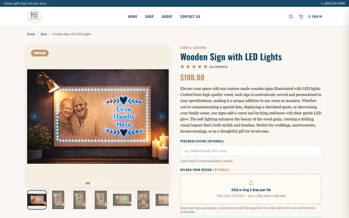 Website page titled Custom Wooden LED Sign | Personalized Lighted Wood Sign