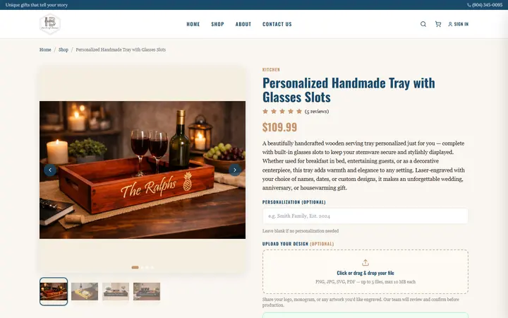 Website page titled Personalized Wooden Serving Tray with Glass Slots