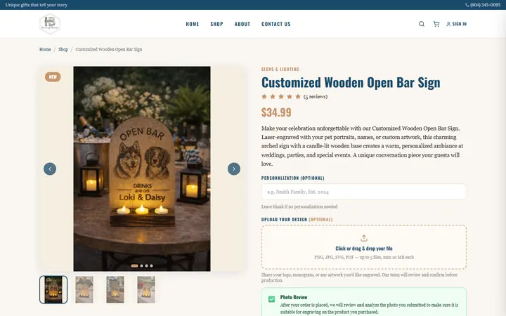 Website page titled Customized Wooden Open Bar Sign | Personalized Bar Décor