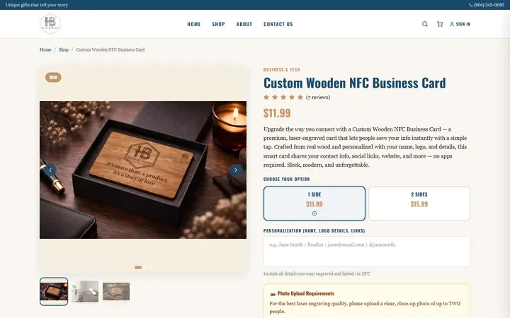 Website page titled Custom Wooden NFC Business Card | Tap-to-Share Card