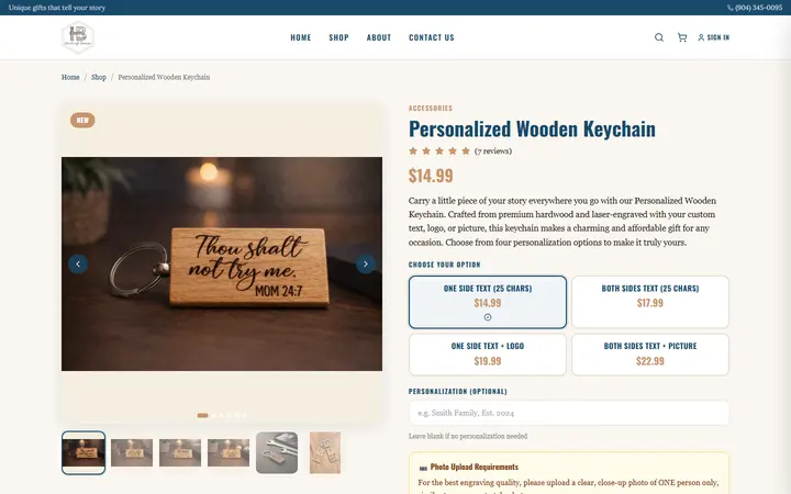 Website page titled Personalized Wooden Keychain | Custom Engraved Gift