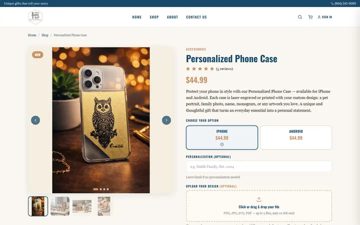 Website page titled Personalized Phone Case | Custom Laser-Engraved Design