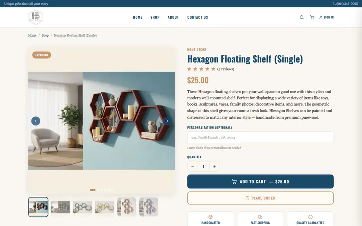 Website page titled Handmade Hexagon Floating Shelf | Wooden Wall Décor