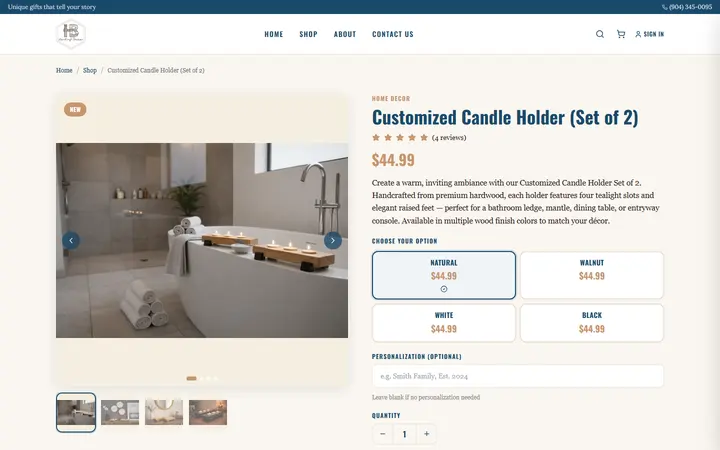 Website page titled Customized Wooden Candle Holders, Set of 2