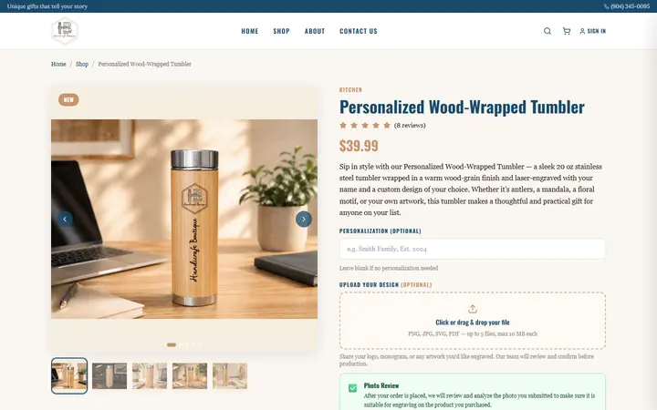 Website page titled Personalized Wood-Wrapped Tumbler | Custom Engraved Gift
