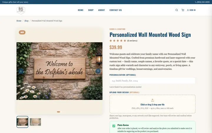 Website page titled Personalized Wall-Mounted Wood Sign | Custom Home Décor