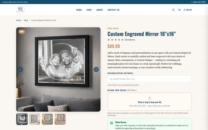 Website page titled Custom Engraved Mirror 16×16 | Personalized Photo Gift