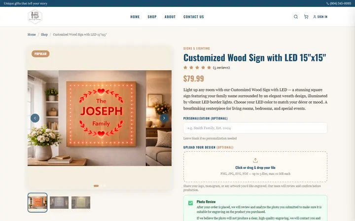 Website page titled Customized 15×15 Wooden LED Sign | Personalized Décor