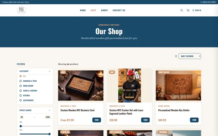 Website page titled Shop Personalized Wooden Gifts — Handicraft Boutique