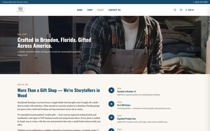 Website page titled About Us — Handicraft Boutique | Brandon, FL