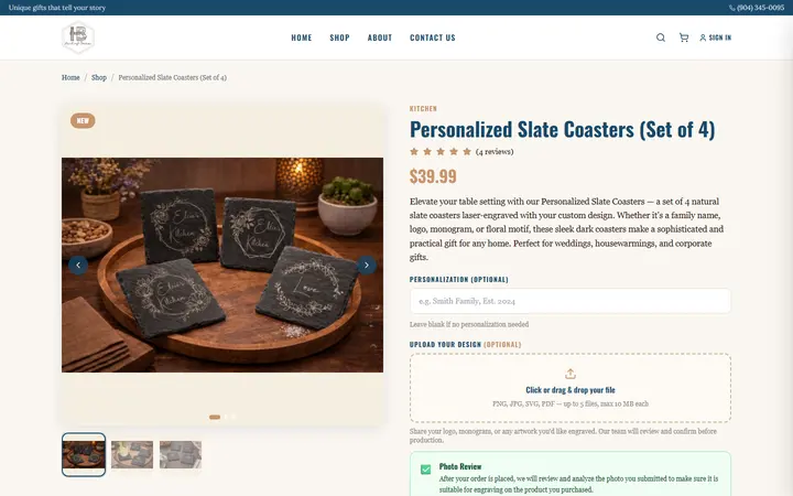 Website page titled Personalized Slate Coasters, Set of 4 | Custom Engraving