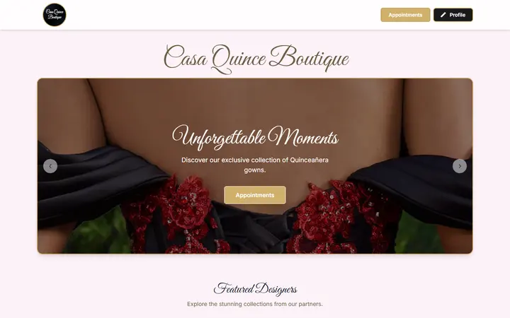 Website page titled Casa Quince Boutique - Your Dream Quinceañera Dress