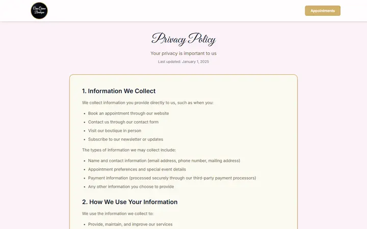 Website page titled Privacy Policy - Casa Quince Boutique