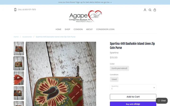 Website page titled Spartina 449 Daufuskie Island Linen Zip Coin Purse – Agape Chic Consignment Boutique