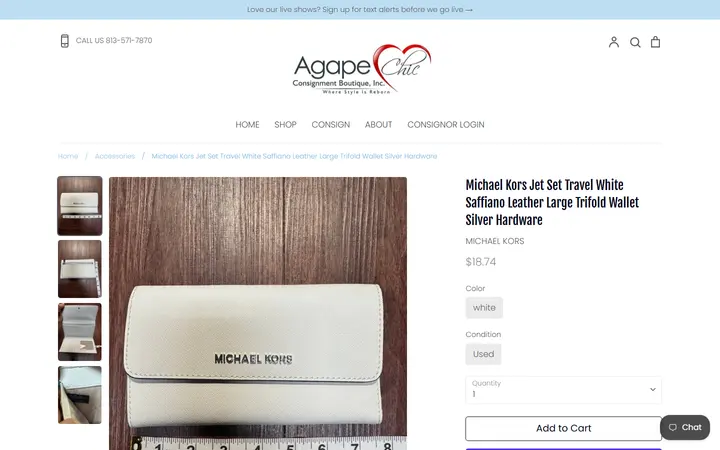 Website page titled Michael Kors Jet Set Travel White Saffiano Leather Large Trifold Walle – Agape Chic Consignment Boutique