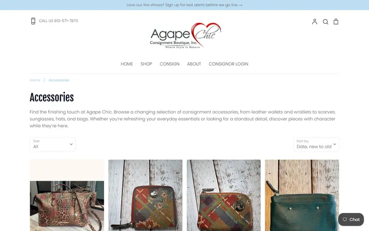Website page titled Consignment Accessories, Wallets & Scarves - Agape Chic – Agape Chic Consignment Boutique