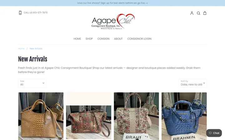 Website page titled New Arrivals – Designer Consignment Finds | Agape Chic Boutique – Agape Chic Consignment Boutique